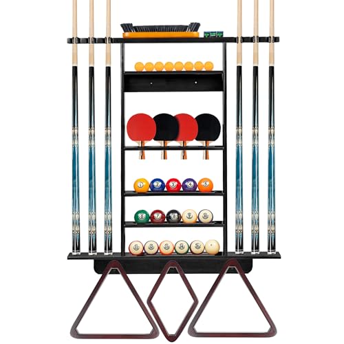 Billmart Wall Mount Pool Stick Holder, 2-in-1 Pool Stick & Ping Pong Paddle Holder, Solid Wood Cue Rack with Storage for Pool Table Accessories, Black