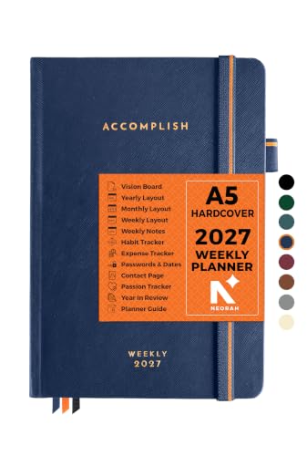 NEORAH —A5 Dated WEEKLY Planner 2027 ACCOMPLISH—264 Pages of Yearly |12 Month | 52 Week+24 Hours + Notes pages for each week —Office Diary Academic diary-Hardcover[Pen Loop Attachable](SARGASSO BLUE)