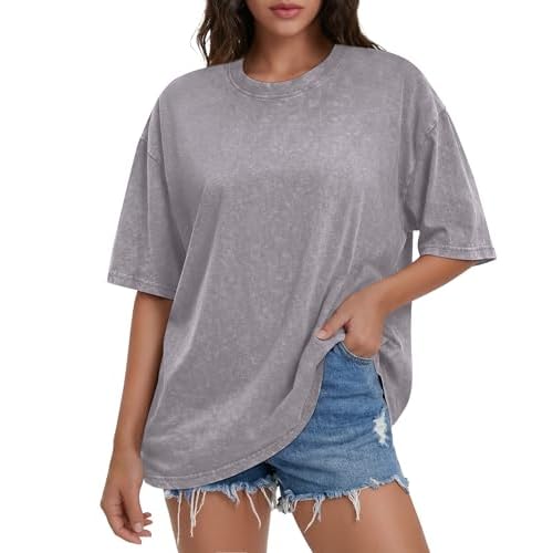 rosemia Oversized Tshirts for Women Acid Wash Short Sleeve Cotton Shirts Vintage Baggy Tops 2026