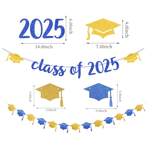 Navy-Blue Gold Party-Decorations Graduation Banner-Streamers - 18pcs Kits Class of 2025 Garland, Paper Tissue Pom Poms Fan, Honeycomb Lanterns Congrate Grad Congratulations Decor Panduola