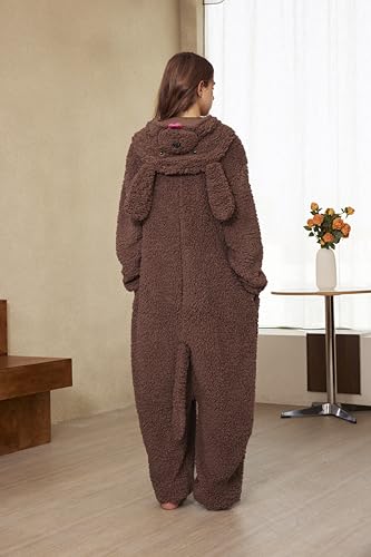 Loiahoer Unisex Erwachsene Pudel Hund Onesie Kostüm Pyjama Dog Halloween Karneval Kostüm,Neuheit Sherpa Welpe Schlafanzug Pyjamas Damen & Herren,Braun,L