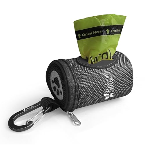 Dog Poop Bag Holder for Leash, Large Opening for Easy Pull Out, Doggy Poo Bag Dispenser Suitable for Any Retractable Leash with 1 Rolls of Compostable Poop Bags (Black)