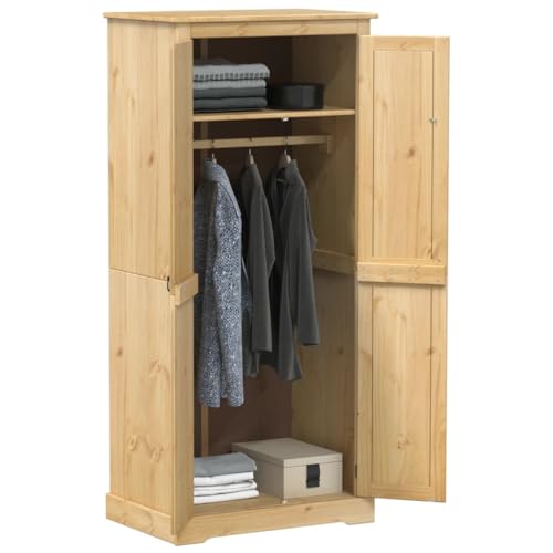 Armario Corona de madera maciza de pino, 76 x 50 x 170 cm, con asas metálicas, armario pequeño con barra para colgar, ideal como armario para dormitorio y habitación infantil