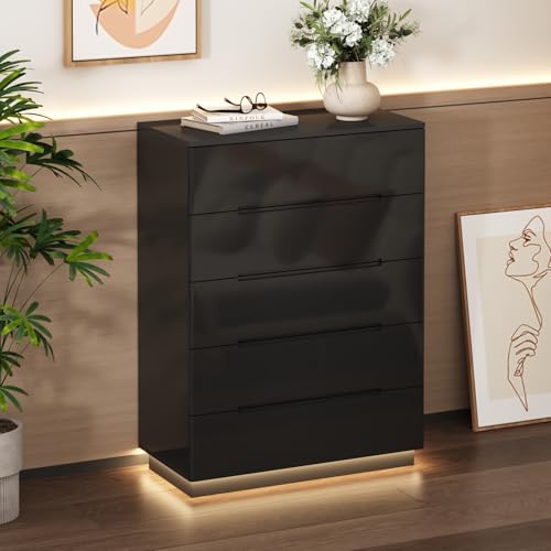 FUFU&GAGA Glossy Dresser Lights, Black Chest of Drawers,