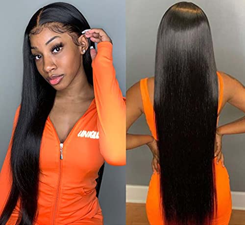 13x4 Lace Front Wigs Human Hair With Baby Hair Brazilian Virgin Human Hair Straight Frontal Wigs for Women 150% Density Pre Plucked Natural Hairline (24 Inch, Natural Black)