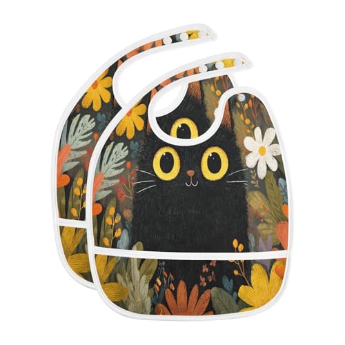 MCHIVER Black Cat Flower Baby Bibs for Boy Girl Toddler Waterproof Feeding Bib Apron with Food Cather Adjustable Cotton Food Eating Bib 2 Pack