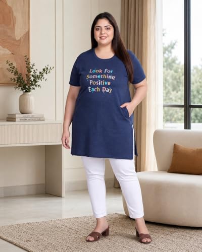 Image of In Love Women Cotton Regular Fit Plus Size Long-Line Chest Print T-Shirt with Pocket
