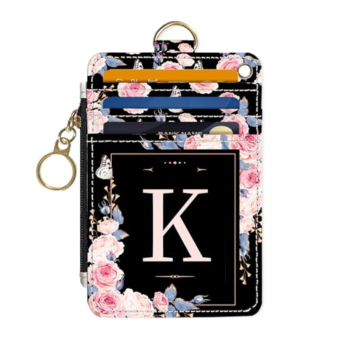 Slim Wallet Credit Card Holder, Initial Letter K, RFID Wallet Women Cute Small Front Pocket Wallet With Zipper, PU Leather Thin travel RFID Blocking Card Case ID Window,Ladies Gifts