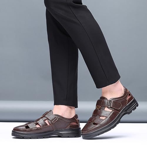 Large size fashion men's solid color retro head layer cowhide leather upper open toe sandals, comfortable non-slip hook-and-loop breathable beach shoes3