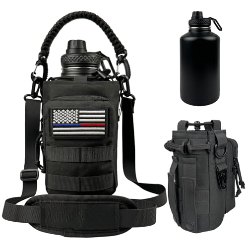 Image of 64 oz Insulated Water Bottle - Half Gallon Water Bottle with Sleeve Military Stainless Steel Water Jug with Handle for Men Sports Workout Hiking with Black Water Bottles Pouch