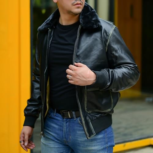 Image of Jild Navy G-1 Real Leather Bomber Jacket Men with Removable Fur Collar - Vintage Flight Aviator Leather Jacket Men