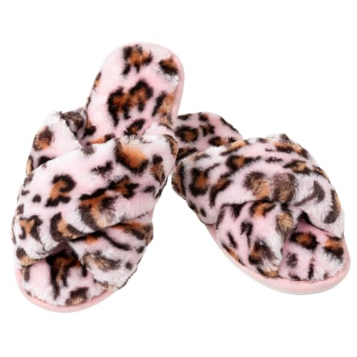 Image of Enteer Women's Slipper Memory Foam Cross Band Fuzzy Slippers Open Toe Cozy House Slippers Cozy Plush Bedroom Indoor Outdoor