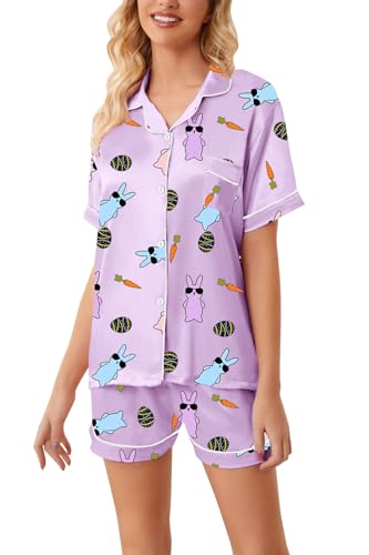 Image of Schbbbta Girls Womens Pajamas, Satin Silky Pjs Set Kids 2Pcs Button-Down Nightwear Sleepwear Gift for Mommy and me