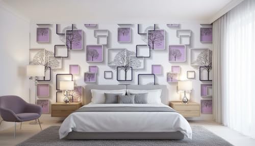 Image of Purple 3D Frames & Trees Self-Adhesive Wallpaper Roll 45x300cm | Decorative Wall Sticker for Home Interiors | Modern Peppy Purple Cube Pattern Vinyl Decor Sheet