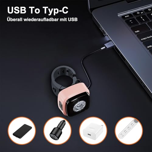 OnMeto Fahrradlicht vorne, IPX5 Wasserdicht Frontfahrrad Lampe Fahrrad licht，USB Type-C Wiederaufladbares Fahrradleuchten für Fahrrad (Rosa) – Ansicht 5