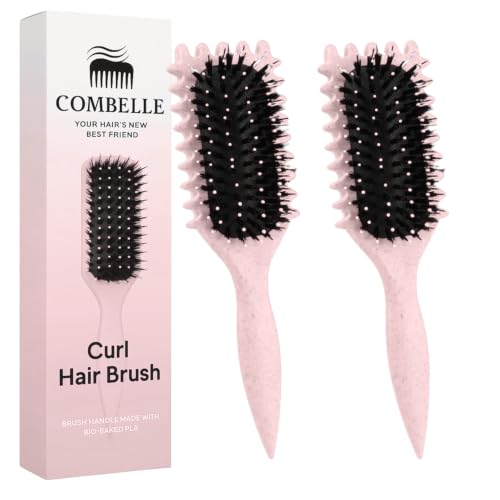 Image of Combelle 5-in-1 Curl Hair Brush, Vegan Boar Bristles, Bio-Baked PLA Handle, Detangling and Frizz Control for Curly Hair - Pink (Pack of 2)