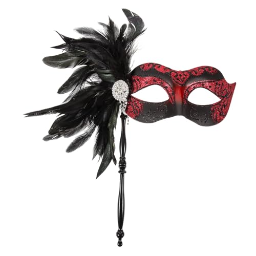 RORPOIR De Mascarade à Main Pour Halloween Demi-face Avec Paillettes Et Plumes Rouges Pour Fête Et