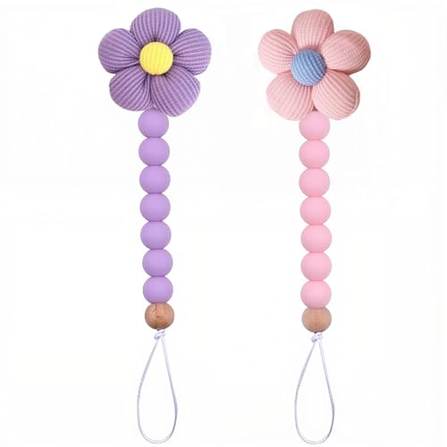 Image of 2pcs Flower Pacifier Clip, Silicone Bead Pacifier Clip for Baby Girls Pink Purple Color Daisy Birthday Christmas Gift(B)