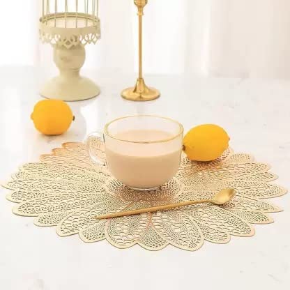 Kritvi Placemat, Place Mat, Table Mat, Round Shape Place Mats, Dressing Table MATS, Table mat Round/Round PVC Table mats/Cutwork/Bed Side Table mats (Pack of 2) (Big Leaf Gold)