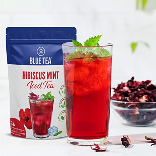 BLUE TEA - Hibiscus Mint Iced Tea (36 Biodegradable Tea Bags) | SKIN GLOW ENHANCING TEA | Refreshing cool beverage | Herbal Iced Brew, Cold Brew, Detox | Gluten-free | GMO-free