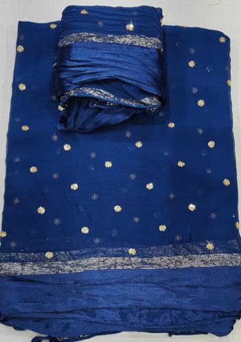 Image of Pure Georgette Sequence Work Saree with Contrast Blouse, Satan Patta Fabric
