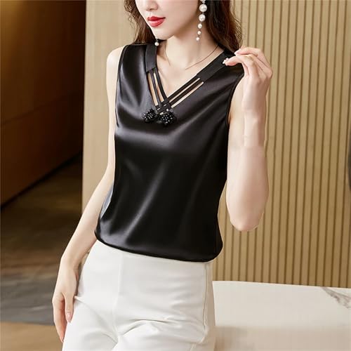 Women's Silk Satin Tank Tops Sleeveless V-Neck Casual Work Office Camisole Sexy Hollow Out Casual Summer Vest Lounge Wear3