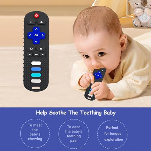 ROBBEAR Baby Teething Toys, Food Grade Silicone Teether for Babies 3 6 12 18 Months, TV Remote Shape Toddlers Chew Toys, Freezer BPA Free (Black+Blue)
