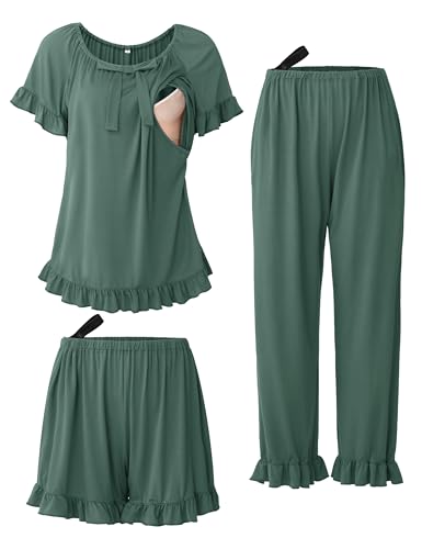 Image of SUNNYBUY 3Pcs Ruffle Trim Postpartum Nursing Pajamas Set with Bowknot, Maternity Breastfeeding PJS Pregnancy Sleepwear