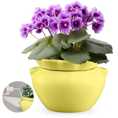 Sunnychicc 6.3 Inch African Violet Pots, Yellow Self Watering Pot for Indoor Plants, Ceramic Easy Plant Self Watering Pot for Thriving Plant Flower Maintenance