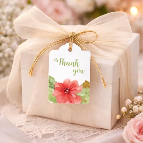Image of CVANU Floral Thank You Gift Tags (Set of 150), Elegant Flower Design (D10) Hanging Tags with Gold String for Wedding Return Gifts & Small Business Packaging (2.85 x 1.7 Inch)