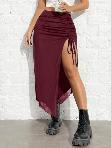 Knit Drawstring High-Slit Skirt Basic Women's Summer Casual Vinage Skirt4