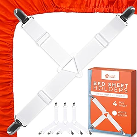 Bed Sheet Holder Corner Straps - 4 pcs White, Mattress Cover Clips to Hold Sheets in Place, Adjustable Bed Bands, Elastic Fasteners/Grippers/Suspenders Fitted for Bedding, Keepers, Bedsheet Tie Downs Cover