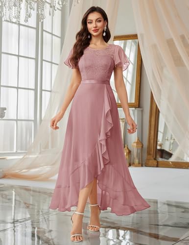 Image of BeryLove Formal Long Dresses for Women Wedding Guest Cocktail Bridesmaid | Airy Lace & Chiffon Evening Gown, Flutter Sleeve, Ideal for Mother of the Bride, Prom, Homecoming Party & Semi-Foraml Events
