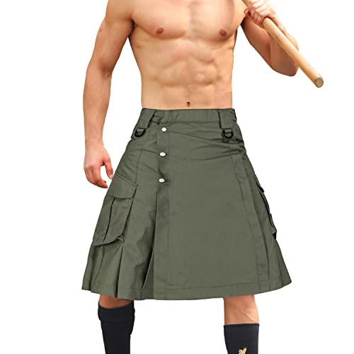 AKARMY Mens Kilt for Men Camo Scottish Outdoor Utility Pleated Tactical Kilt Irish Highland Hybrid Kilts Green 32