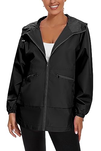 PESION Womens Waterproof Raincoat Lightweight Rain Jacket Trench Coat Hooded Windbreaker With Pockets for Outdoor4