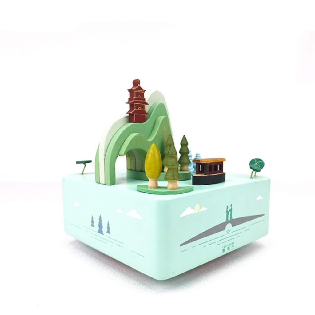 Caja musical de madera ZAW con paisaje tallado para coleccionistas