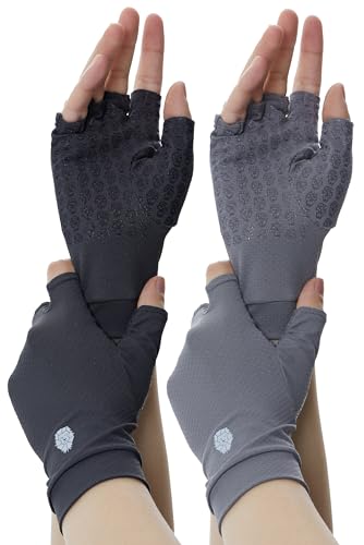 PIQIDIG Men's Women's UPF 50+ Fingerless Gloves Mittens Sun Protection Unisex Driving Gloves With Silicone Gel Black + Grey XL