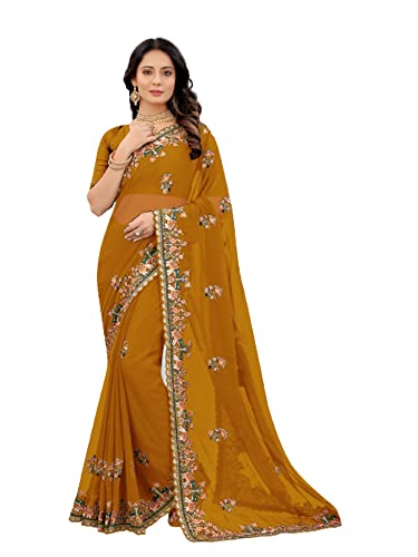 Sari brodé Resham de haute couture indienne couleur moutarde pour femme