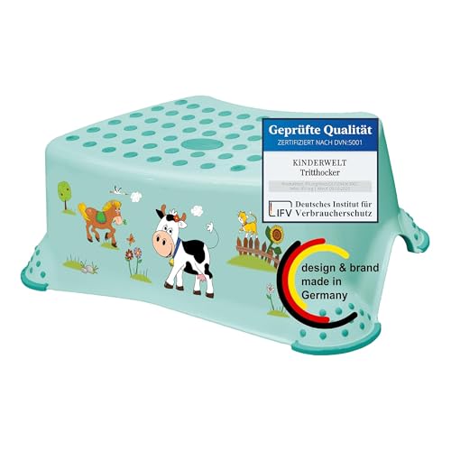 KiNDERWELT Premium Tritthocker für Kinder und Babys, Bauernhof Design in Aquamarin, Tritthocker...