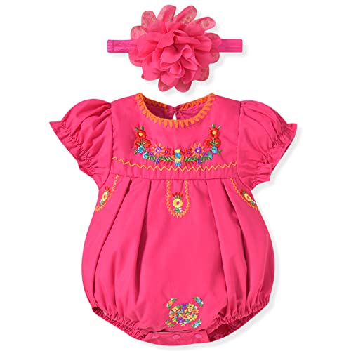 Image of HINTINA Newborn Baby Girl Mexican Ethnic Embroidery Floral Bodysuit With Headband