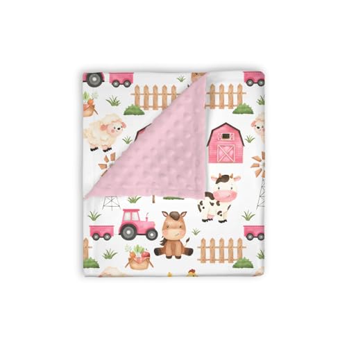 Image of Mink Baby Girl Blanket Farm Life Barn Animal Pink, Cow Horse Sheep Chicken Chick Pig Tractor Double Layer Dotted Backing Receiving Blankets Newborn Infant Toddler Nursery Crib Bedding 30 x 40