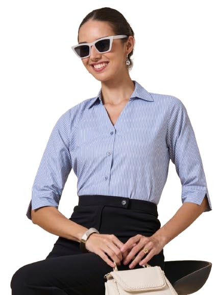 Image of Style Quotient Women Stripe Blue and White Polycotton Formal Shirt