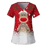 Kassaks Pflege Damen Bunt Weihnachten Motiv Nicht Einfarbige Farben Arbeitskleidung Pflege Damen Kurzarm V-Ausschnitt Pflegebekleidung Damen Kasack Mit Taschen Kittel Damen Berufskleidung