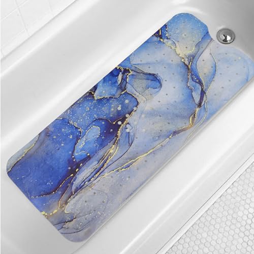 Blue Bathtub Mat Non Slip Gold Line Marble Extra Long Bath Mat for Tub 40x16in Abstract Art Anti Slip Shower Mat for Bathroom with Large Drain Holes and Suction Cups Bath Mat and Bathtub Decor