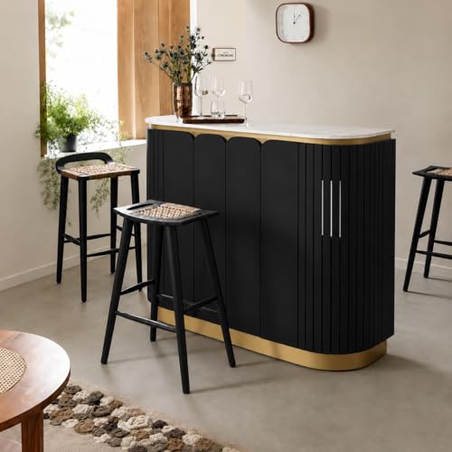 Image of The Attic Carlston Bar Cabinet for Home, Hard and Soft Drinks Bar Storage Cabinet, Wine Whisky Scotch, Solid Mango Wood, Black Matte Finish with Ceramic Marble Top