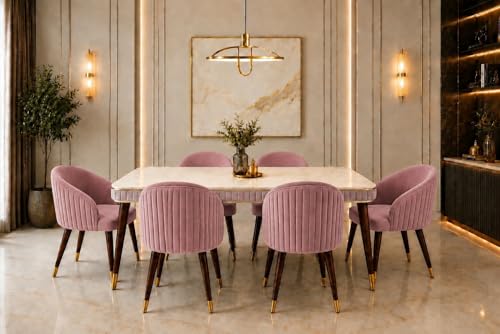Image of WOODEN SPACE 6-Seater Wooden Dining Table Set | Nano Composite Marble Top | Solid Wood Base | Modern Dining Room Furniture with 6 Chairs (Pink)