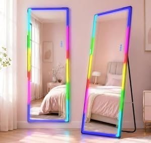 LVSOMT RGB Ganzkörperspiegel mit Beleuchtung, 153x50cm Standspiegel Ganzkörperspiegel Ohne Rahmen, LED Wandspiegel Groß für Schlafzimmer Wohnzimmer, 7 Dynamische Modi und 7 Farben Licht, Schwarz