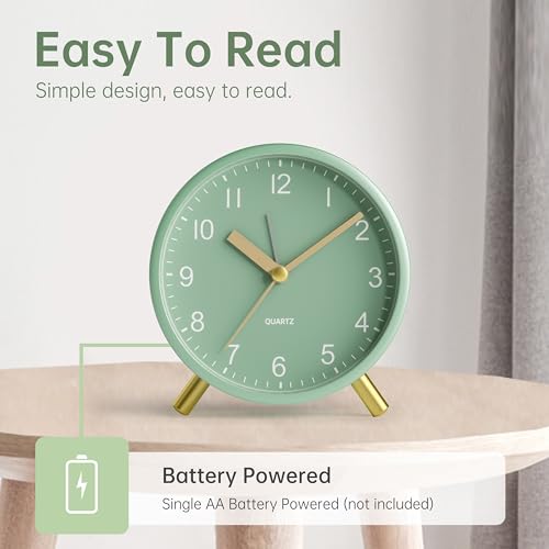 Image of JALL Analog Alarm Clock, 4 inch Super Silent Non Ticking Small Clock with Night Light, Battery Operated, Simple Design, Easy Setting for Office, Bedroom, Bedside, Desk, Teens, Elders, Adult, Green