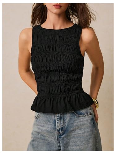 Milumia Women's Sleeveless Crewneck Frill Smocked Ruffle Crop Top Shirred Tank Top Shirt2