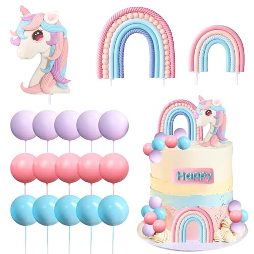 Decoracion Tarta Unicornio, 18 Piezas Cake Topper Cumpleaños Niña, Lindo Topper Tarta Unicornio Arcoiris para Niñas Fiestas Temáticas Dedecorativas (Pastel-B)